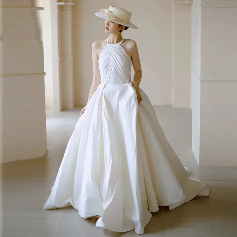 Vestido de novia de satén blanco francés de lujo, vestido de novia