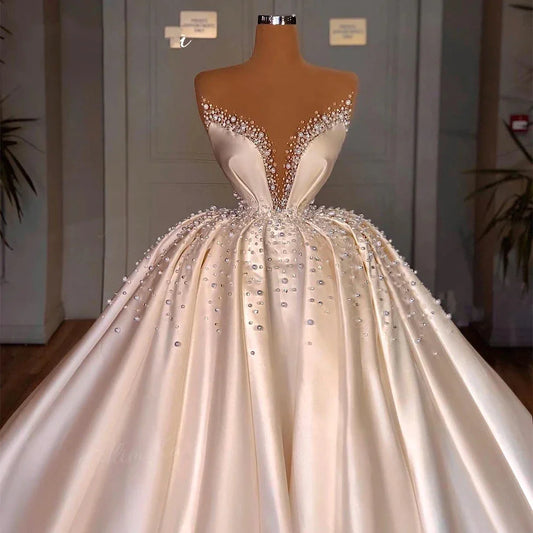 BEAUTIFUL 3 In 1 Pearls Wedding Dresses for women Satin Off Shoulder Court Train Bridal Gown Princess Vestido De Novia