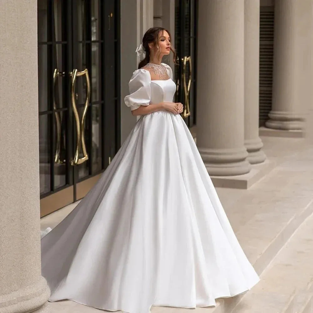 Elegant Satin Wedding Dresses For Women Hight Collar A Line Puff