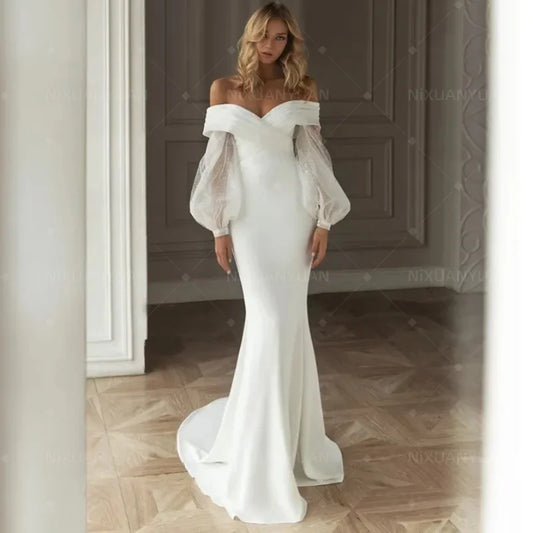 Mermaid Long Puff Sleeves Wedding Dresses 2023 Off The Shoulder Simple Satin Bridal Gowns Elegant Princess Vestido De Novia