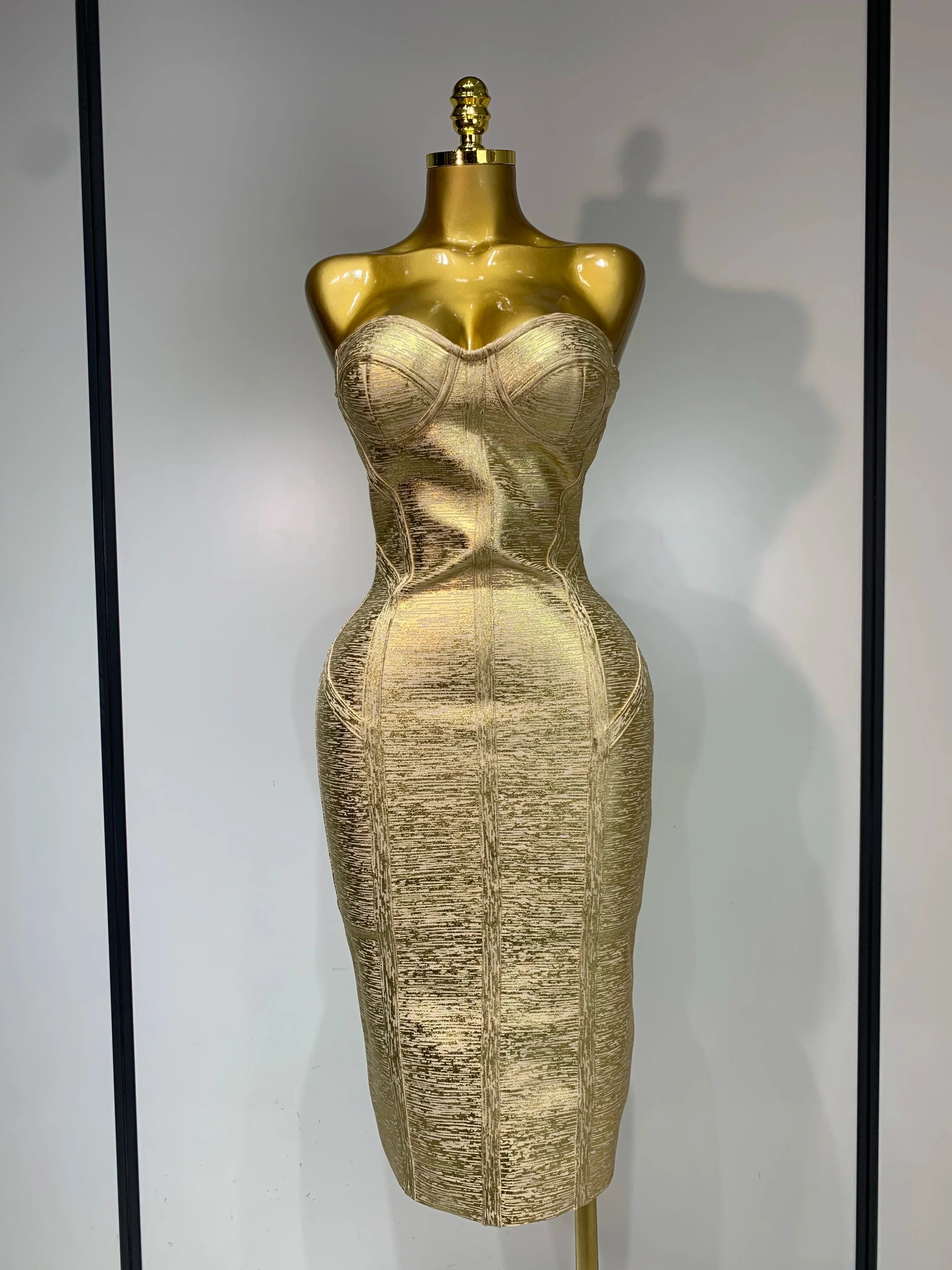 Women Sexy Gold Strapless Bodycon Bandage Dress Fashion Celebrate Even