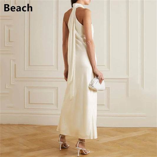 Beach Halter Simple Women Dresses Sleeveless Satin Wedding Dress A Line Floor Length Beach Elegant Bride Dress