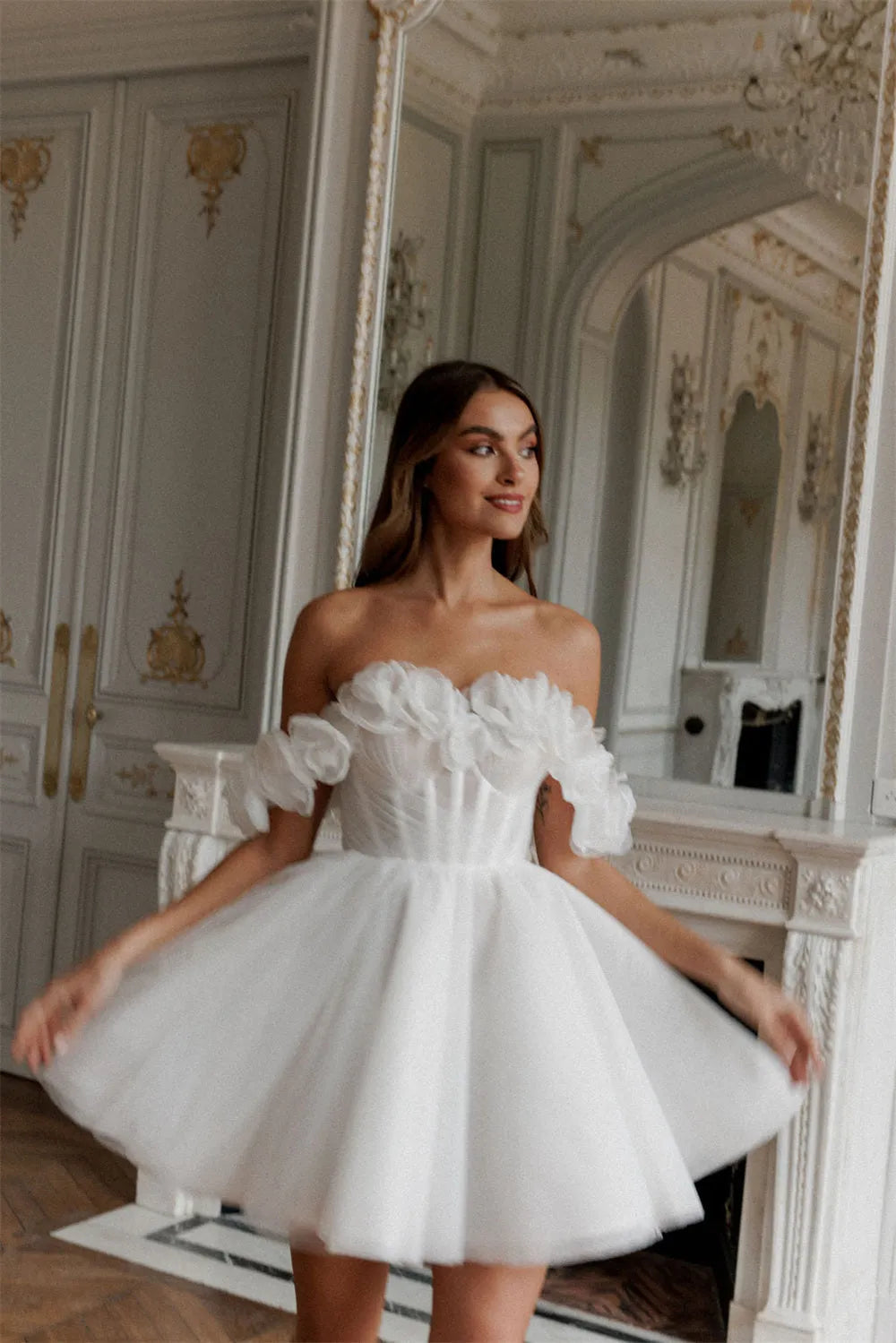 Abiti da sposa corti a-line da spalla 3d fiori da sposa abito da