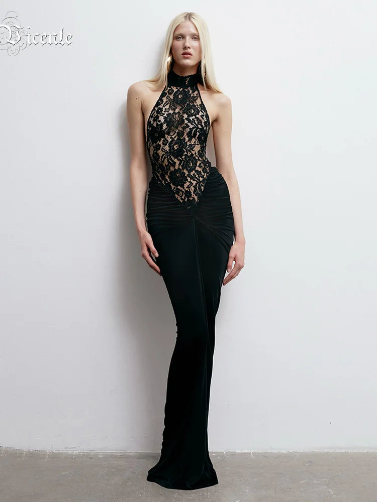 VC Sexy Black Halter Lace See Through Long Dress Backless Floor Length