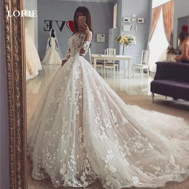 3D Lace Wedding Dresses 3D Lace Long Sleeve Appliques Bride Dress Vintage Appliques Wedding Gowns