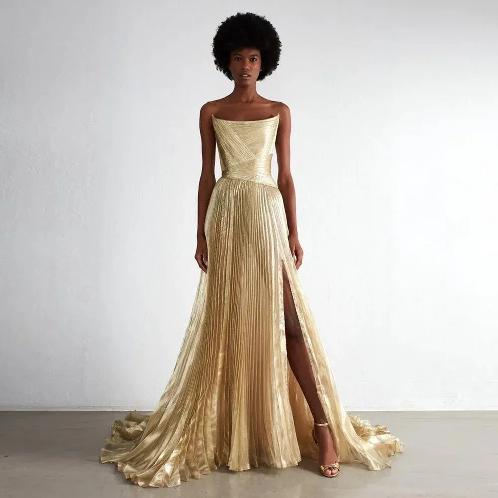 Glamours Gold Pleated Prom Dresses Strapless A Line Side Slit