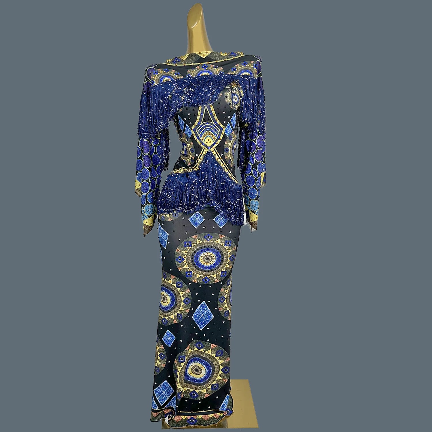 Spandex Bodycon Evening Gown Printing Tassel Long Dress Birthday