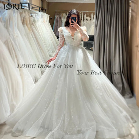 Vintage Glitter Lace Wedding Dresses Cap Sleeves A-Line Shiny Appliques V-Neck Bridal Gowns Princess Sparkly Bride Dress