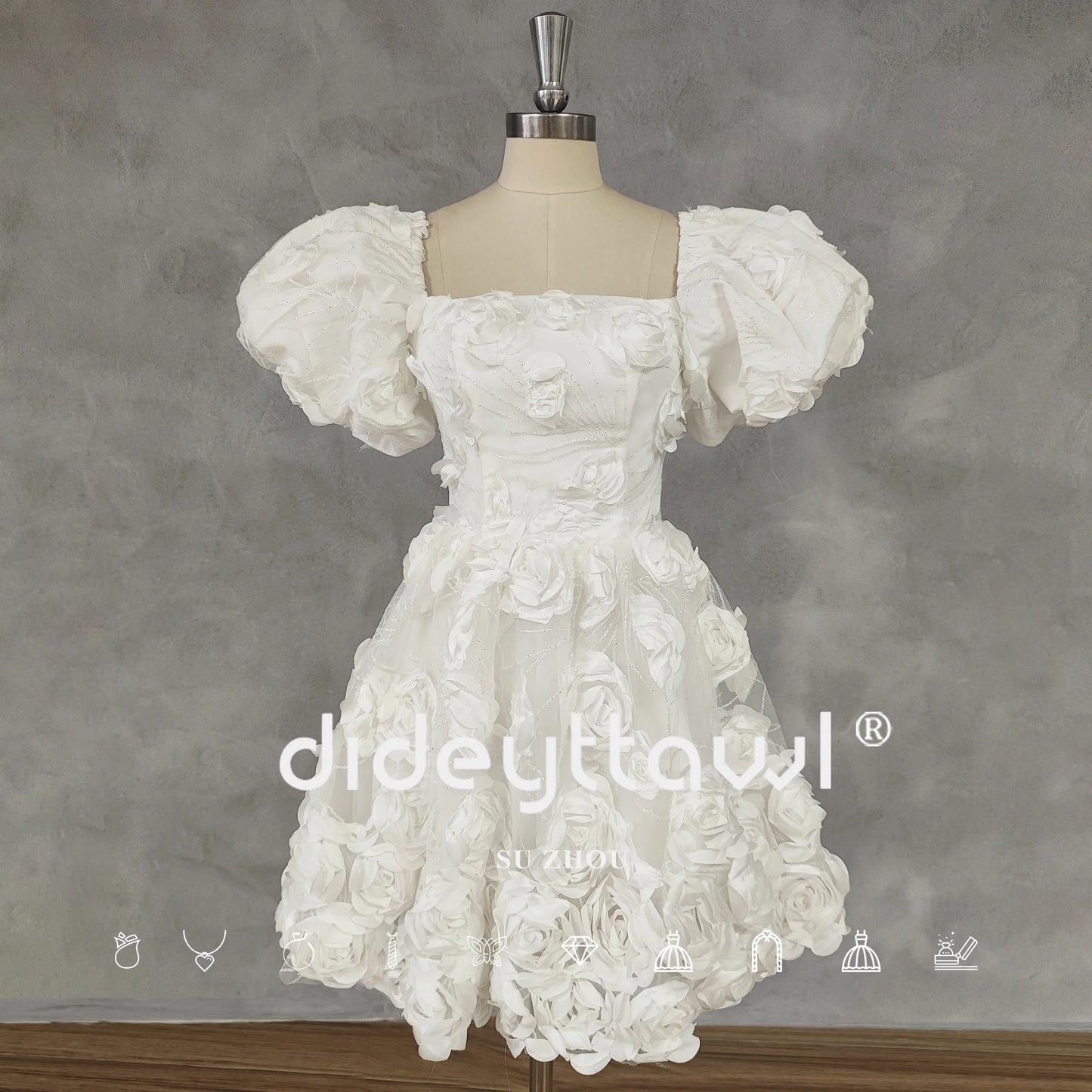 3D Flowers Square Neck Puff Sleeves Short Wedding Party Dress A-Line Zipper Back Mini Length Bridal Gown