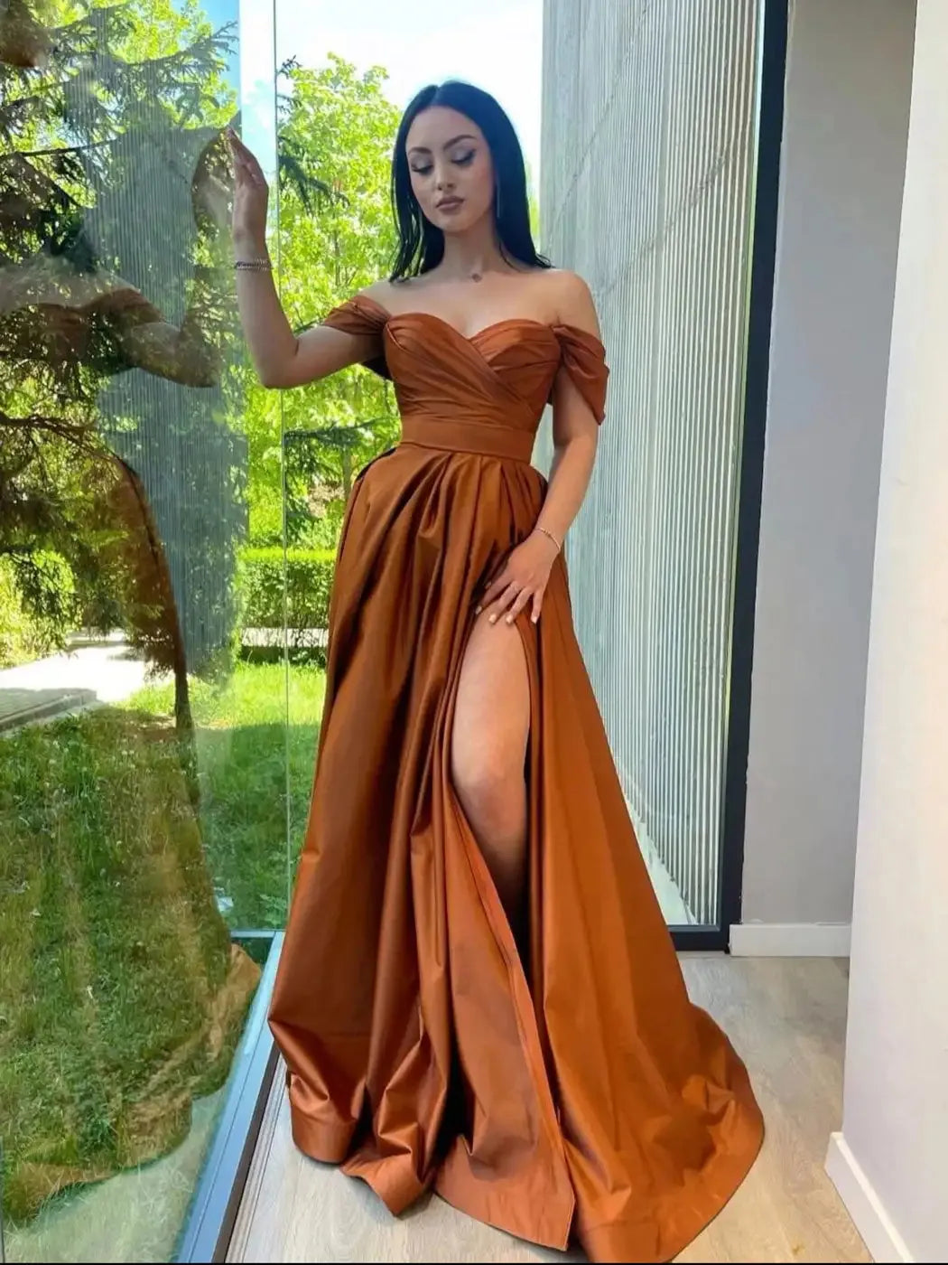 Brown Evening Dresses Satin Off Shoulder Sweetheart A Line with