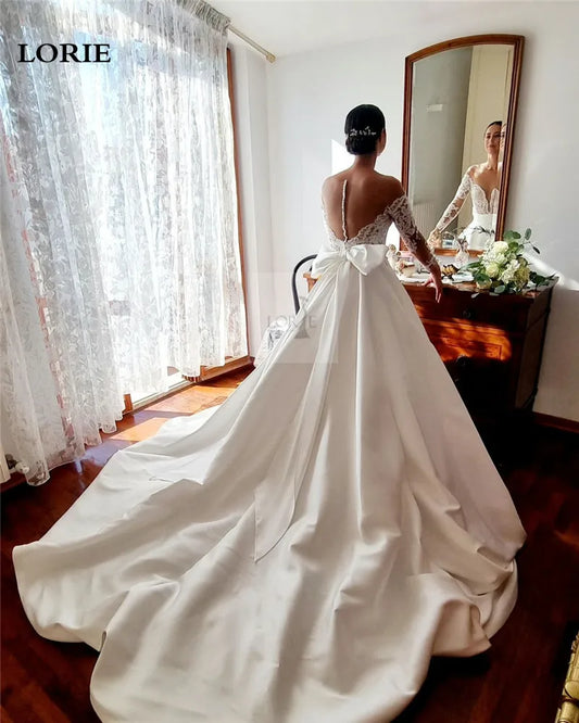 Lace Wedding Dress Satin A Line Long Sleeve Bridal Dress vestidos de novia Nude Sheer Princess Wedding Gowns