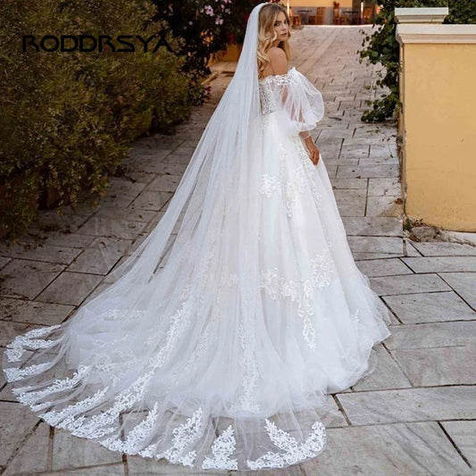 Illusion Tulle Princess Wedding Dress Puff Sleeves Off Shoulder Bridal Gown Sweetheart Appliques Lace vestidos de noiva