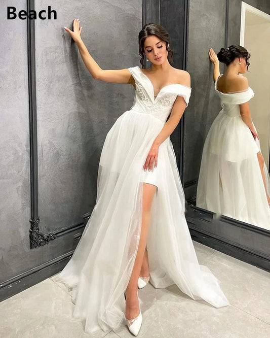 Classic Short Sleeves A Line Lace Wedding Dresses V-neck Boho Princess Bride Bridal Prom Gowns Vestidos de festa