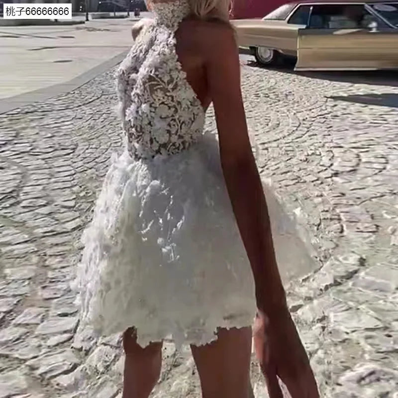 3D Flower Mini Wedding Dress Halter Open Back Sleeveless Bridal Gown Sexy Wedding Gowns Summer Vestidos de Novia Fiesta