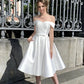 Simple Short Wedding Dress Satin Ivory A-line Wedding Gown with Pockets Custom Made Corset Bridal Dress