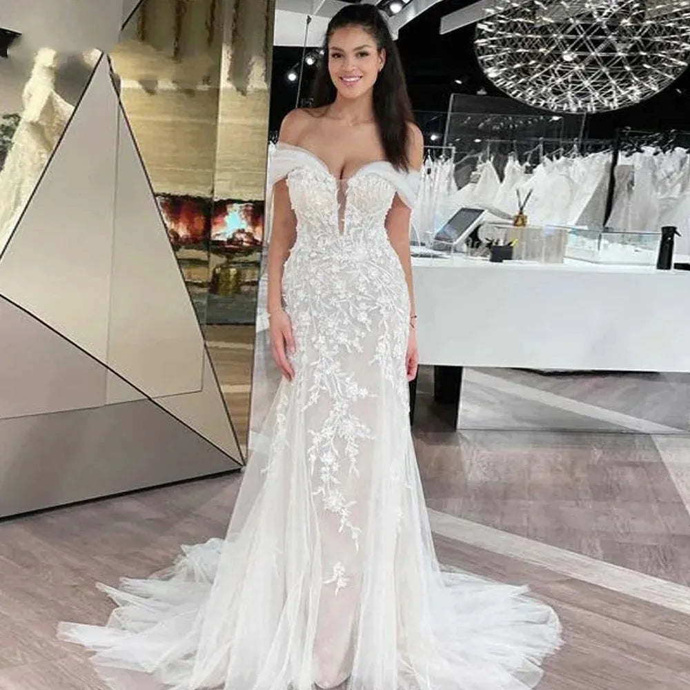 Off the spalla sirena vestidos de nolia abiti da sposa a v-collo