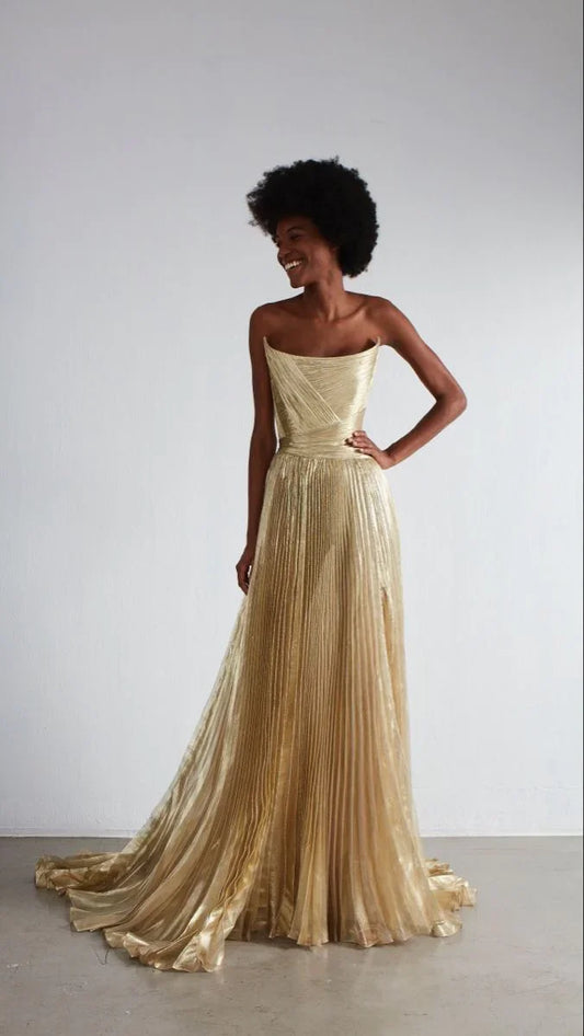 Glamours Gold Pleated Prom Dresses Strapless A Line Side Slit Formal Occasion Dress 2024 فساتين مناسبة رسمية vestidos de fiesta