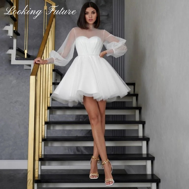 White Short Wedding Dresses for Women Bride A Line Wedding Gown Long P ...