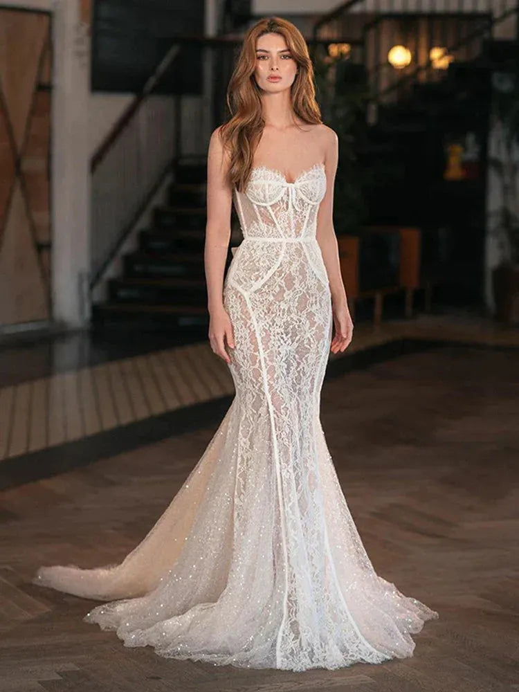 Champagne Mermaid Wedding Dresses Strapless Corset Gaun Pengantin