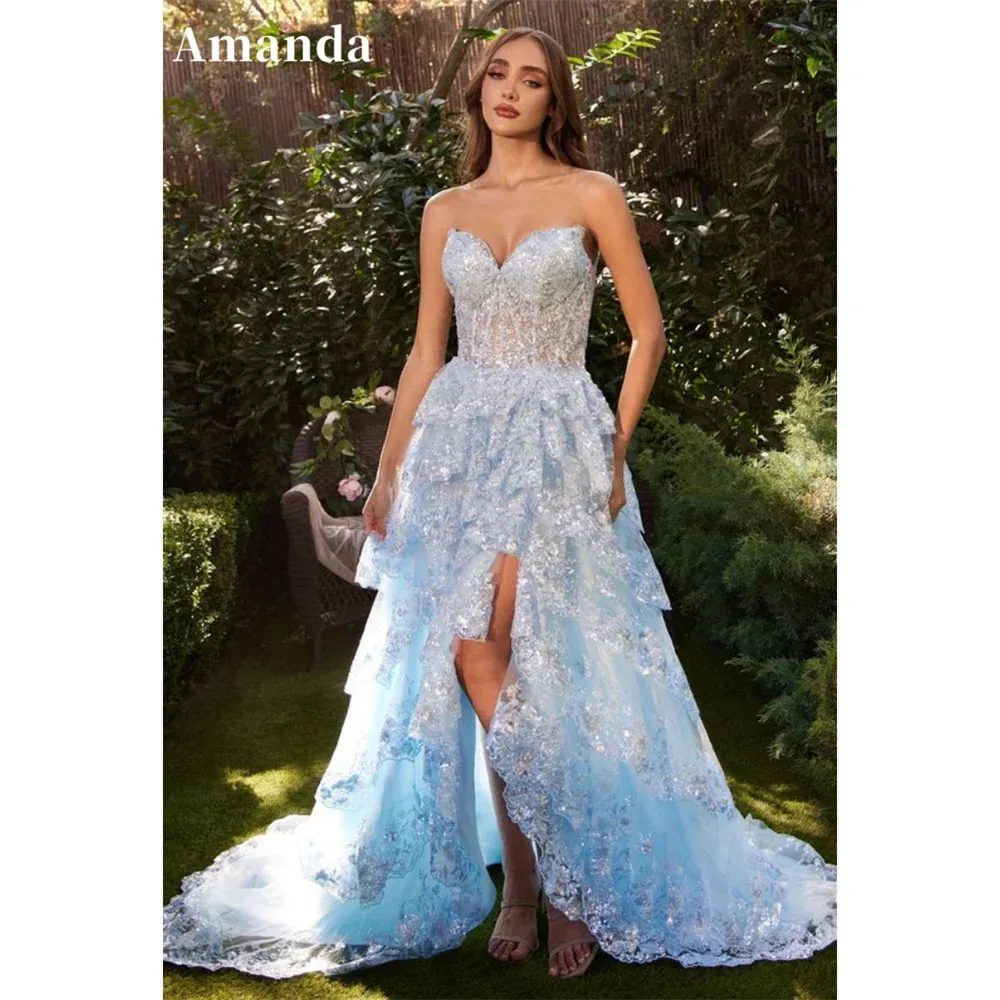 Vestido de fiesta de encaje azul bebé, estilo princesa, sin
