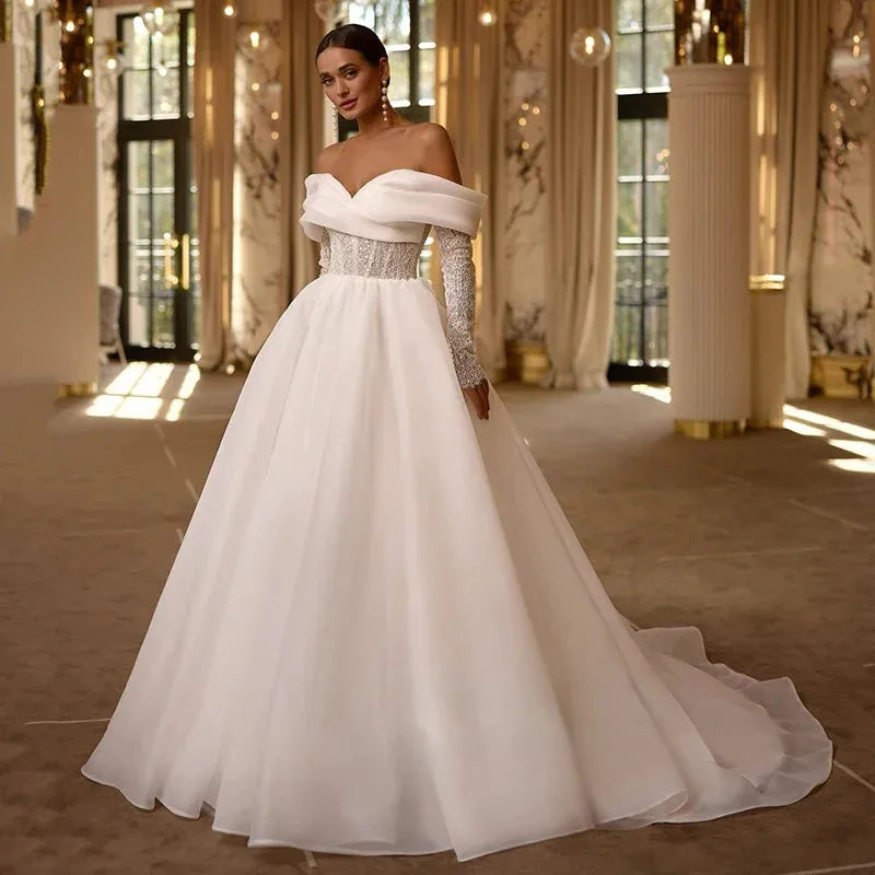 A Line Long Sleeves Off Shoulder Long Wedding Dresses Evening Gown