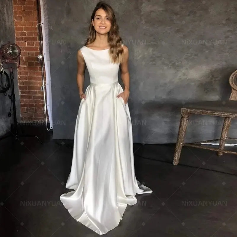 Scoop Simple Wedding Dress Elegant A Line Floor Length Satin Bridal Gown Vestido De Novia