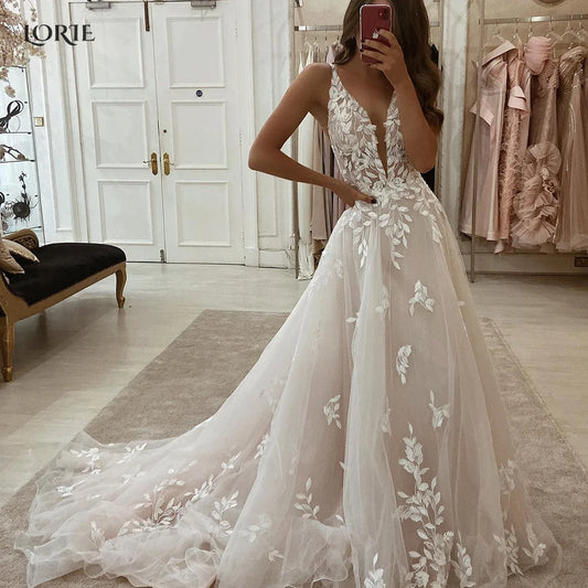 LORIE Blush Pink Lace Elegant Wedding Dresses Low-Cut V-Neck Appliques A-Line Bride Gowns Princess Spaghetti Straps Bridal Gown