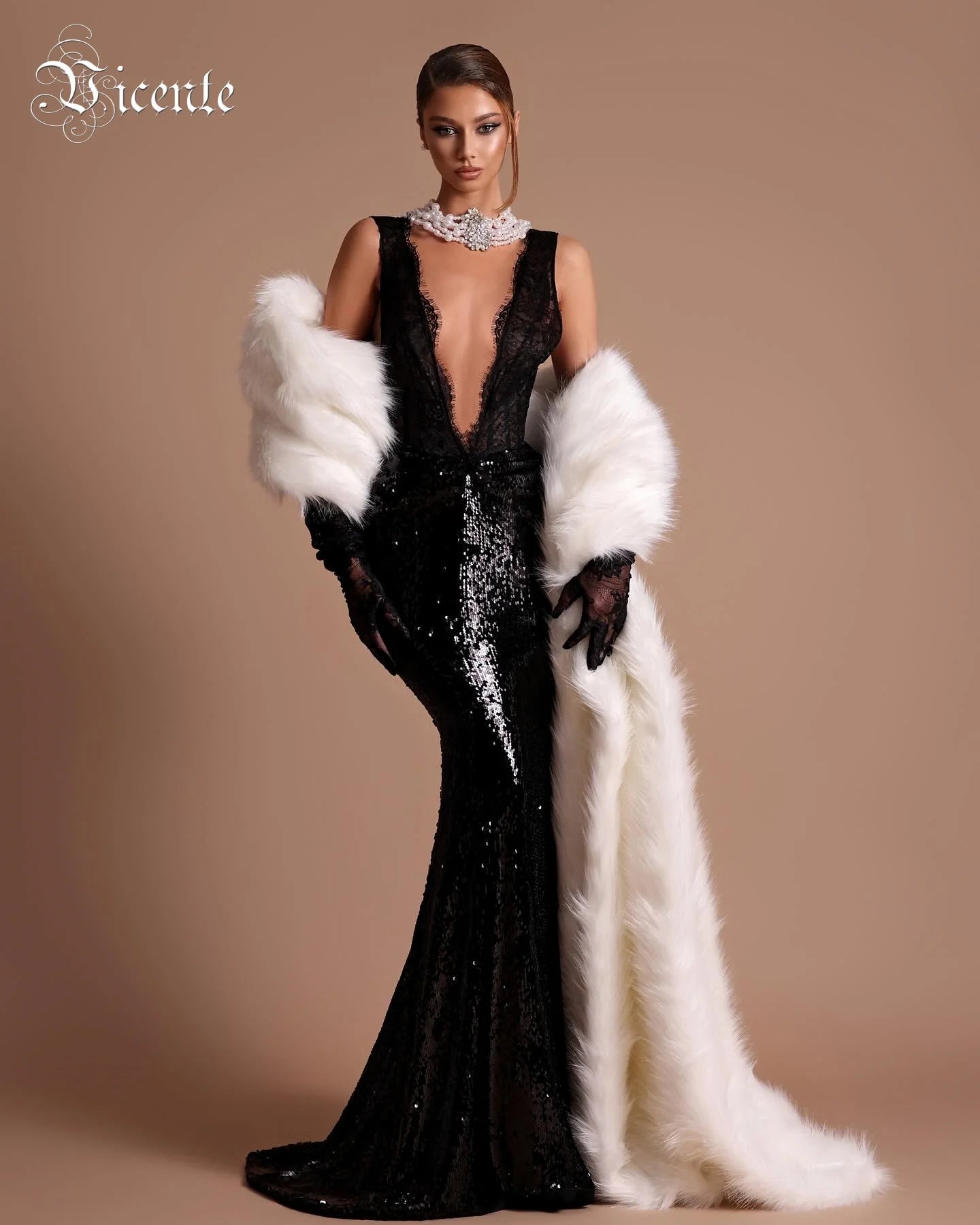 Alluring Black Sequin Deep V Neck Backless Lace Design Mermaid