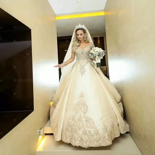 Vintage Satin Lace Applique Wedding Dress Elegant Sheer Long Sleeves Princess Bridal Gown Wedding Guest Dress vestido novia