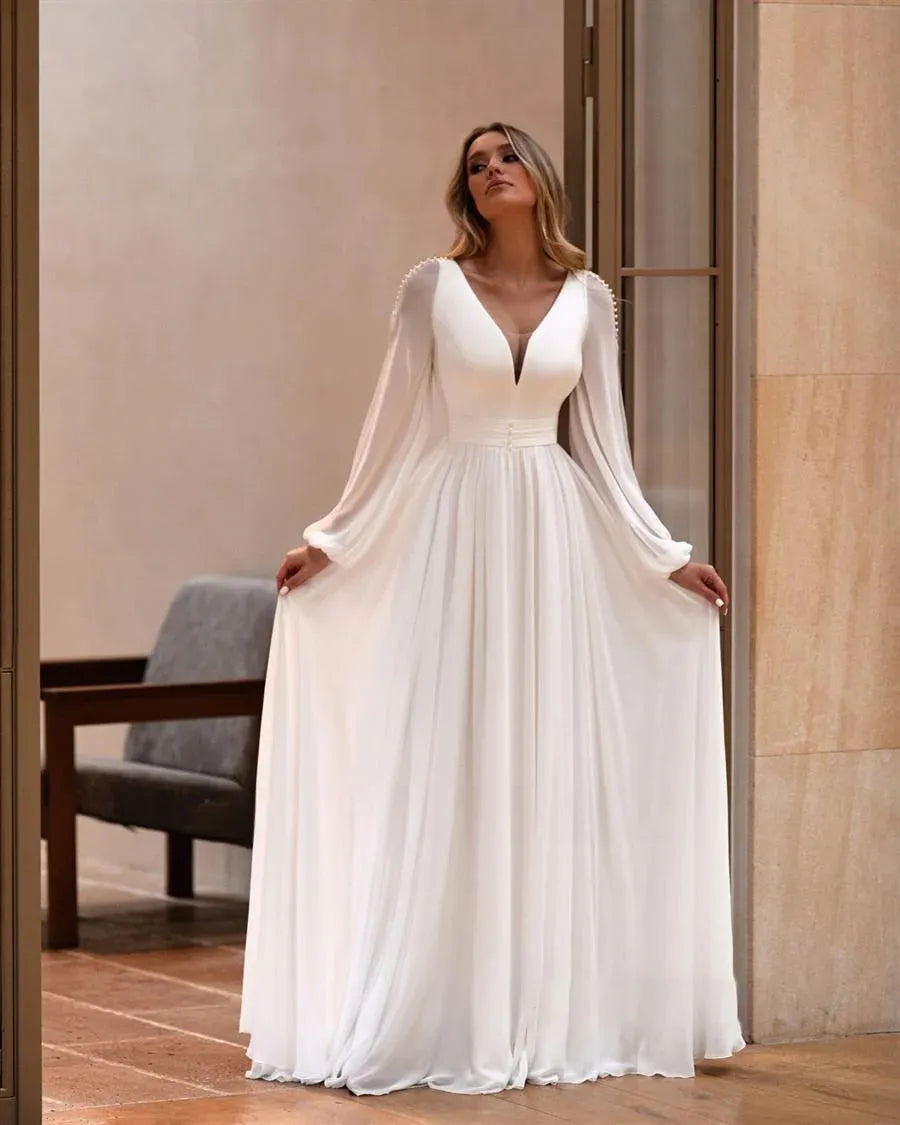 V-Neck Bridal Dress with Long Sleeves and Chiffon Fabric Wedding Dres