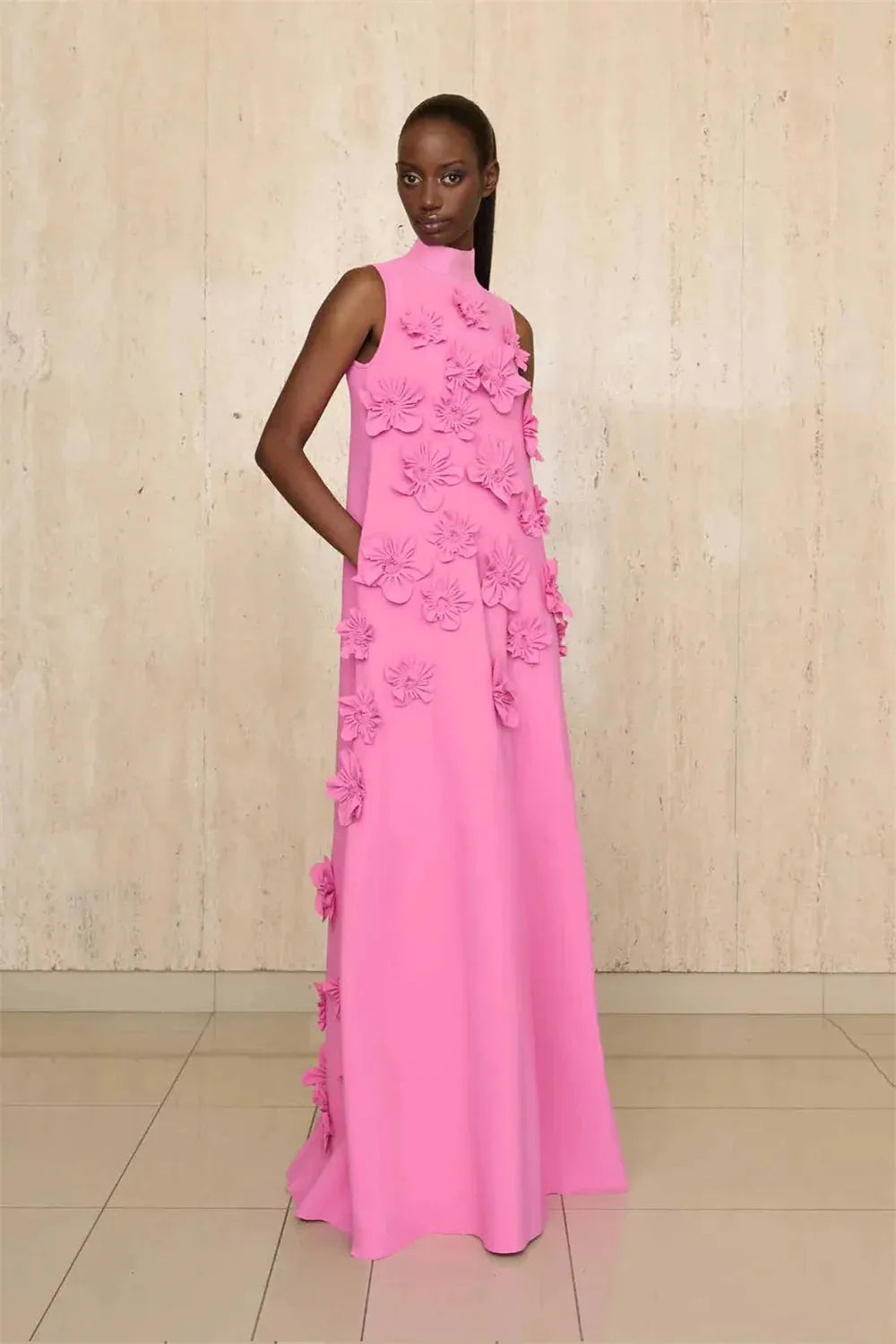 Pink 3D Flower Lace Appliques Prom Dresses Sheath Satin vestidos