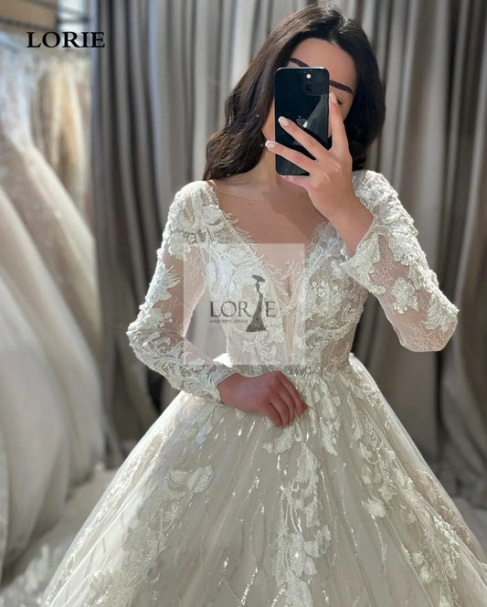 V Neck Princess Wedding Dresses A Line Long Sleeve Appliqued Lace Bride Dress Elegant Shiny Modest Bride Wedding Gowns