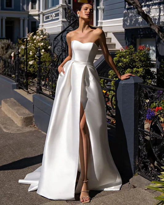 SoDigne Simple Sweetheart A-Line Wedding Dresses Elegant Sleeveless Belt Bridal Gowns Satin Side Split Robe De Mariée