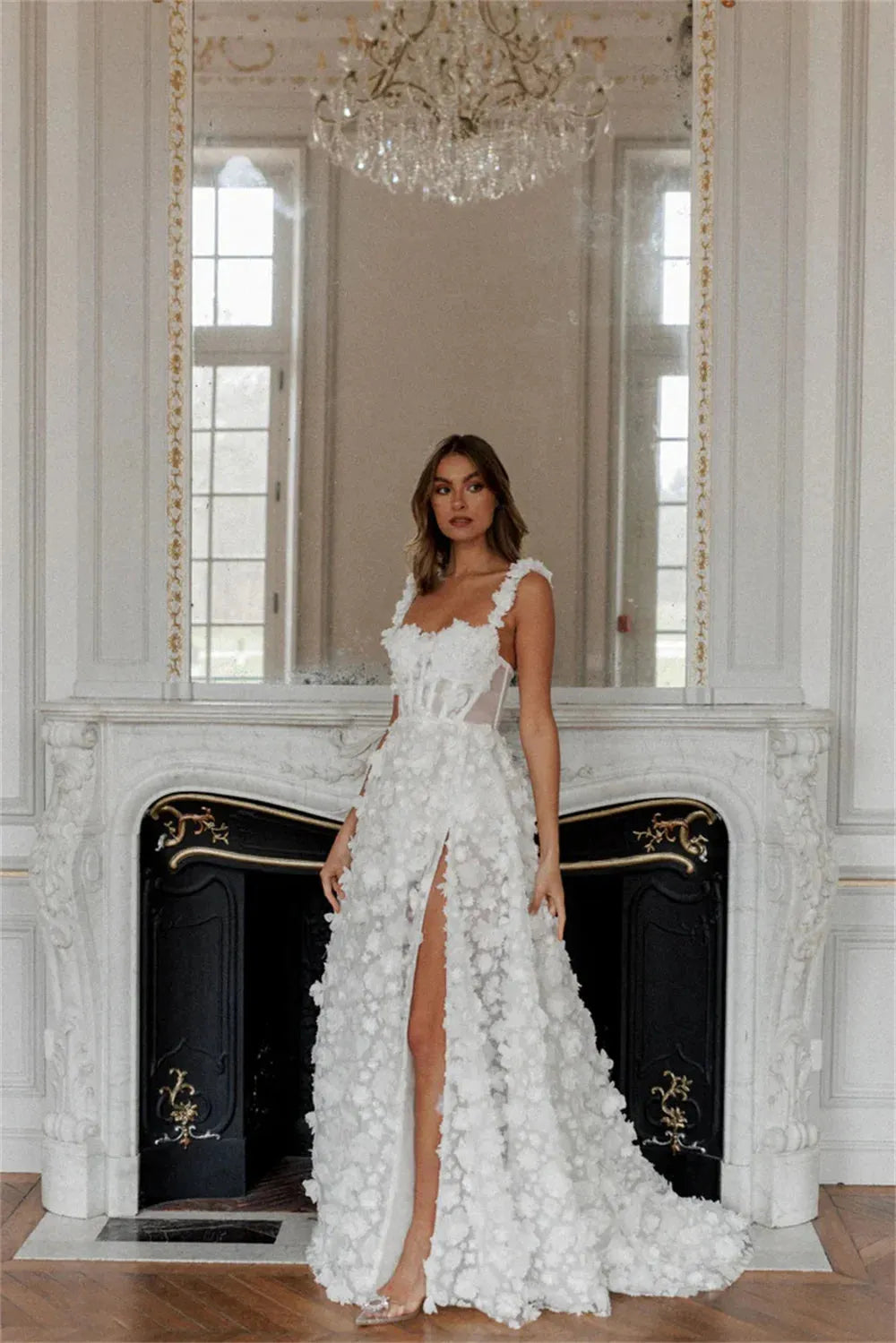 White 3D Flower Prom Dresses Lace-up Back A-line vestidos de noche Ele