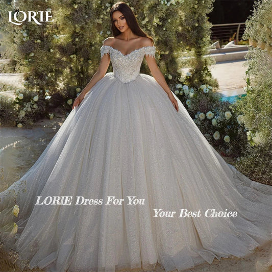 Glitter Lace Wedding Dresses Sparkly Off Shoulder A-Line Backless Appliques Bridal Gowns 3D Flowers Princess Bride Dress