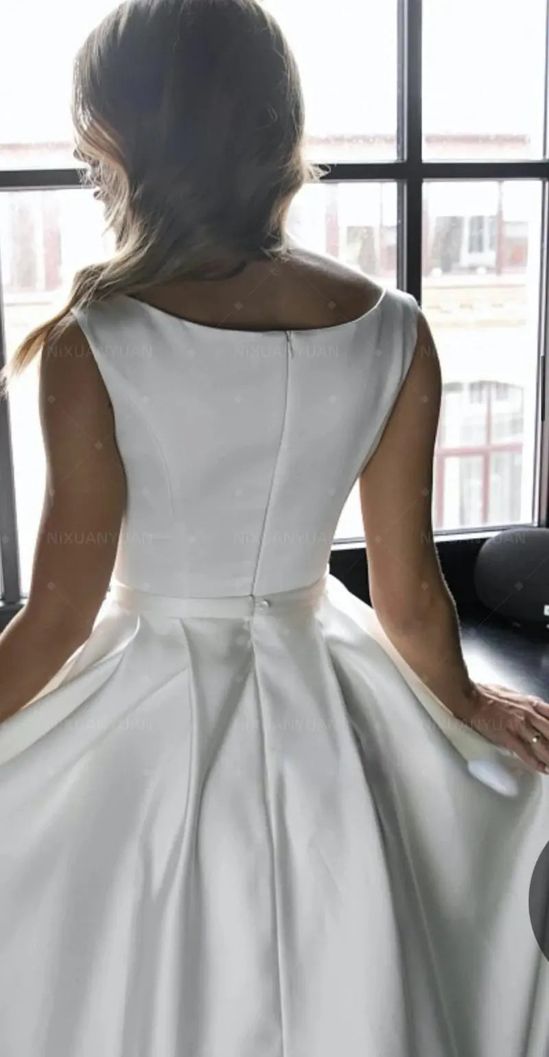 Scoop Simple Wedding Dress Elegant A Line Floor Length Satin Bridal Gown Vestido De Novia