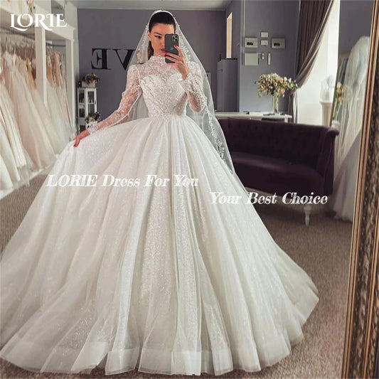 Empire Glitter Lace Wedding Dresses High Neck Appliques Cap Sleeves A-Line Bridal Gowns Shiny Princess Ball Bride Dress