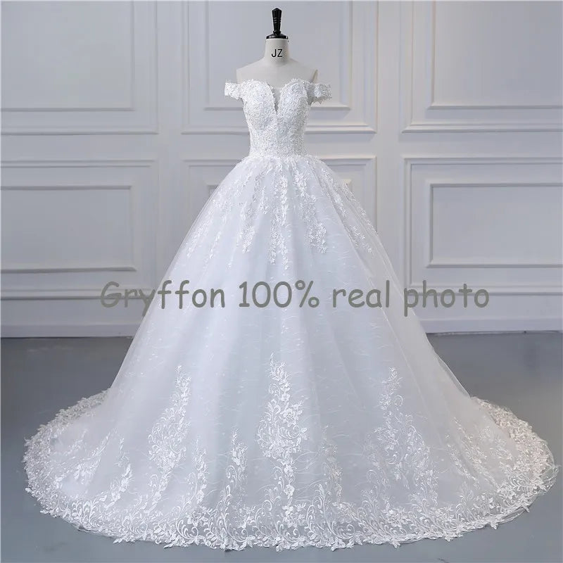 New Lace Wedding Dress Deep V-neck Back Zipper Bridal Ball Gown Off The Shoulder Boho Wedding Gown Vestido De Noiva