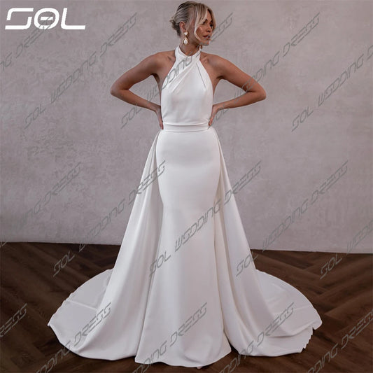 SOL Simple Detachable Sweep Train Halter Sleeveless Wedding Dress BOHO Backless Mermaid Bridal Gowns Sexy Custom Made