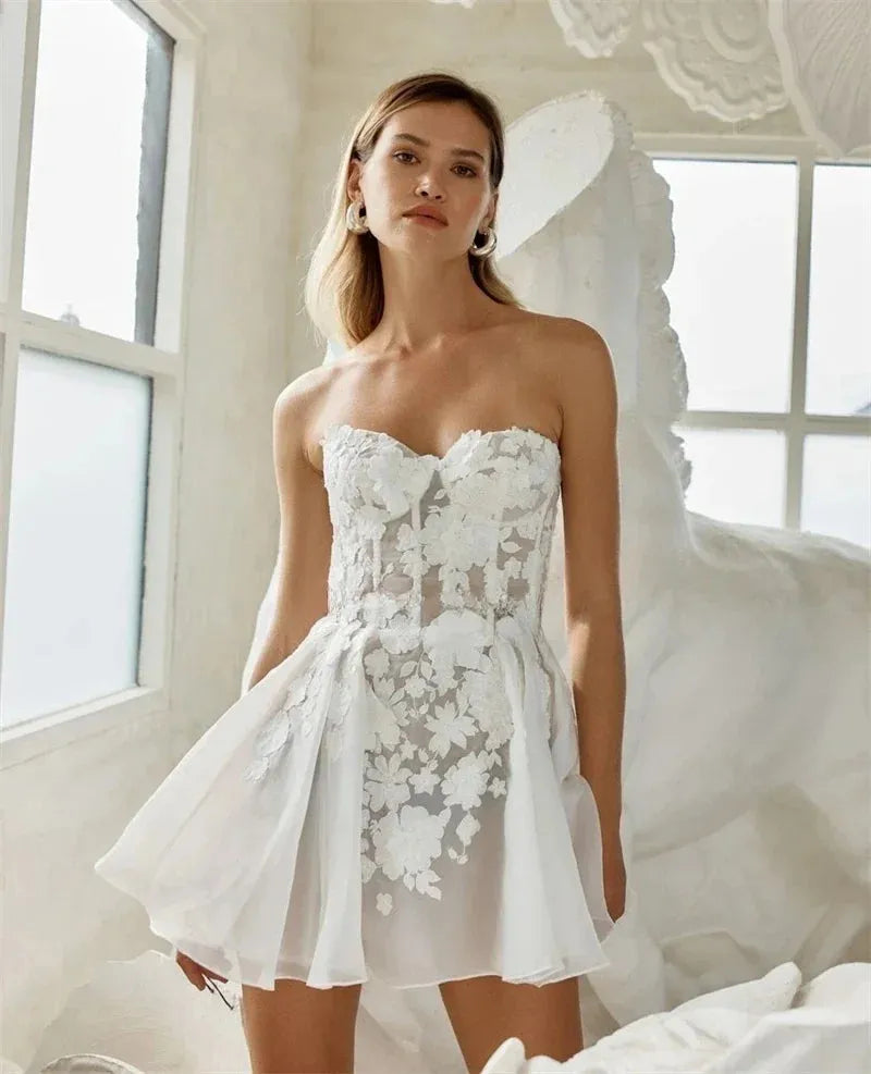 A Line Mini Wedding Dresses Appliques Sleeveless Organza Brides Dresse