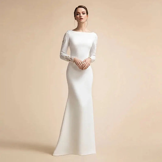 Custom Made Simple Mermaid Button Wedding Dresses Long Sleeves Ivory Bridal Gowns for Bride Satin Lace Vestidos De Novia