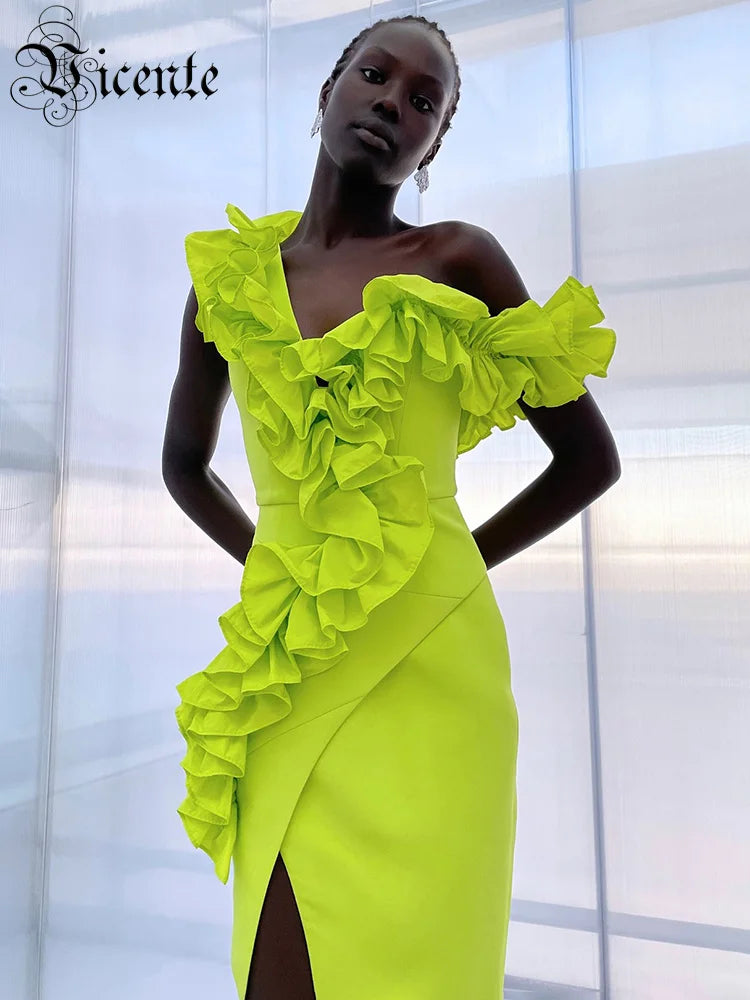 Women Sexy One Shoulder Ruffles Neon Green Split Maxi Long Bandage Max