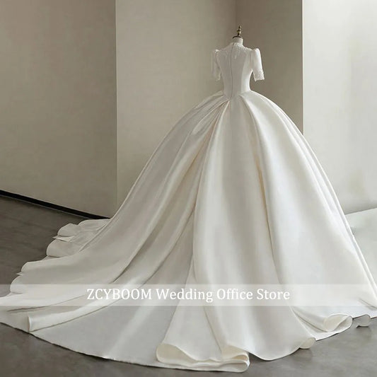 Chic V-Neck Satin Beaded With Sleeves Ball Gown Wedding Dresses Princess Court Train Plus Size Bride Gowns Vestido De Noiva