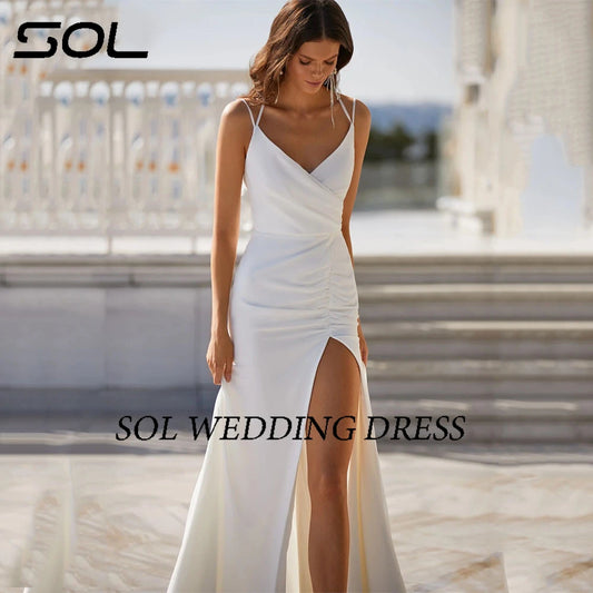 Sol Simple V-Neck Sleeveless Spaghetti Straps Mermaid Wedding Dress For Women Wide Backless High Slit Spandex Vestido De Novia