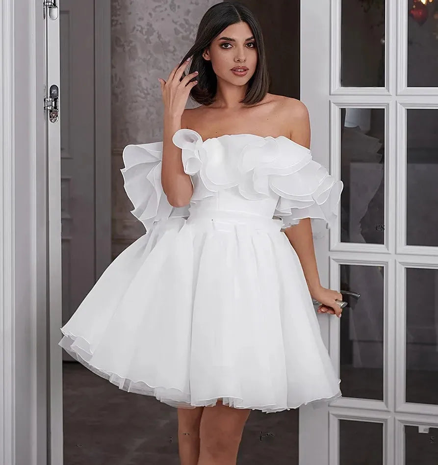 White Off the Shoulder Prom Dresses Mini Chiffon فساتين السهرة Elegant