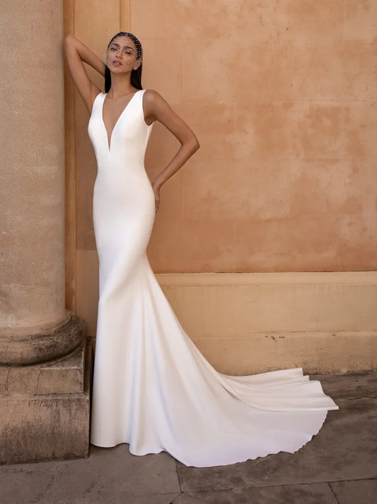 Deep V-Neck Simple Sleeveless Crepe Button Mermaid Wedding Dress OpenFloor Length Court Train Bridal Gown Custom Made