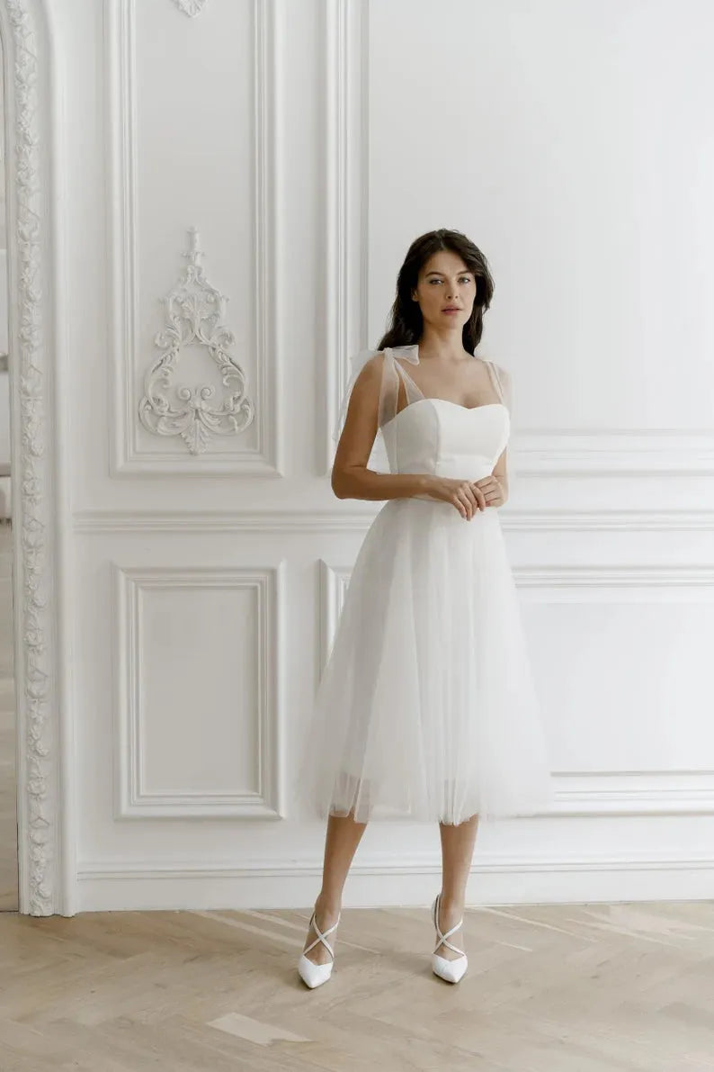 Robe de soirée de mariage mi-longue pour femmes, coupe trapèze