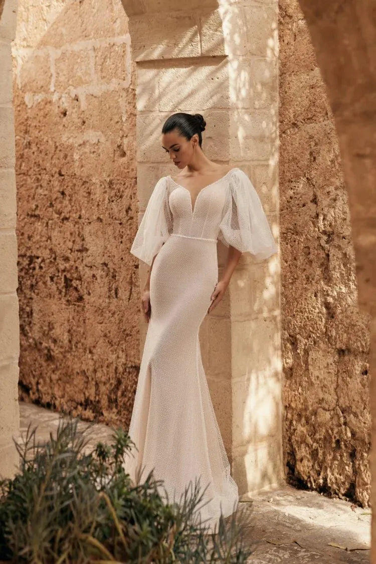 Robe de mariée sirène sexy à paillettes et manches en tulle, sur