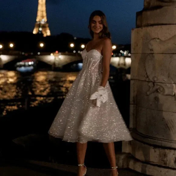 A-Line Shiny Midi Wedding Dresses Sweetheart Sleeveless Glitter