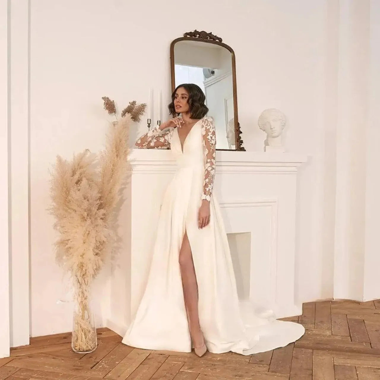 Vestidos de Novia de raso modernos, línea A, cuello en V, manga